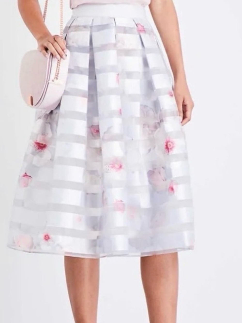 Ted Baker Floral Stripe A-Line Skirt in Light Gray and Pink